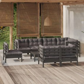 3096524 vidaXL Set mobilier grădină cu perne, 9 piese, negru, lemn masiv pin