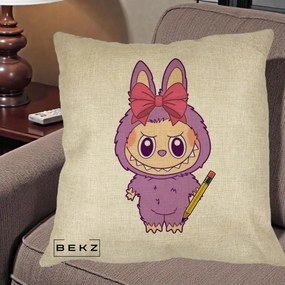 Perna Personalizata Labubu Mov cu Funda Rosie si Creion, 40x40 cm, Crem, Husa Detasabila, Perna Inclusa, BEKZ®
