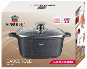 Oală pătrată cu capac 22x22 cm, 3.7L – Kinghoff KH 1602, antiaderentă cu marmură, neagră, ideală pentru gătit sănătos