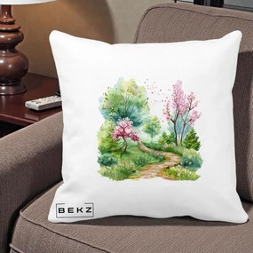 Perna Decorativa Gradina Primavara Acuarela, 40x40 cm, Alba Mata, Husa Detasabila, Perna Inclusa, BEKZ®