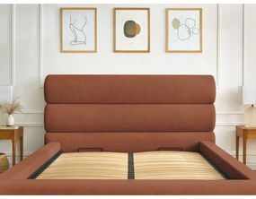 Pat matrimonial portocaliu tapițat cu spațiu de depozitare și somieră 180x200 cm Jagna – Bobochic Paris