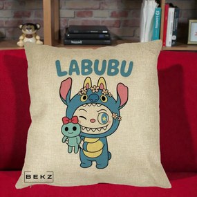 Perna Personalizata Labubu x Stitch cu Flori, 40x40 cm, Crem, Husa Detasabila, Perna Inclusa, BEKZ®