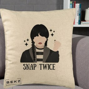 Perna Personalizata Wednesday Snap Twice, 40x40 cm, Bej, Husa Detasabila, Perna Inclusa, BEKZ®
