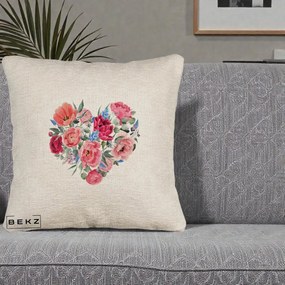 Perna Decorativa Inima din Bujori Acuarela, 40x40 cm, Bej Canapea, Husa Detasabila, Perna Inclusa, BEKZ®
