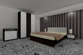 Dormitor Luiza 3U5PTA, culoare magia (wenge) / alb, cu pat tapiterie alba 160 x 200, dulap cu 3 usi 123 cm, comoda si 2 noptiere
