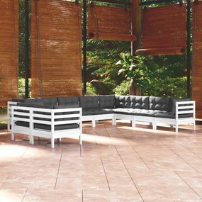 Set mobilier gradina cu perne, 10 piese, alb, lemn masiv de pin Alb, 1