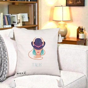 Perna Personalizata Zodie Taur, 40x40 cm, Bej cu Franjuri, Husa Detasabila, Perna Inclusa, BEKZ®