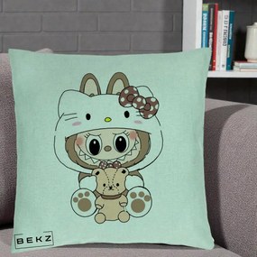 Perna Personalizata Labubu x Hello Kitty Maro-Vintage, 40x40 cm, Verde Menta, Husa Detasabila, Perna Inclusa, BEKZ®