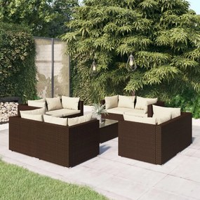 Set mobilier de gradina cu perne, 9 piese, maro, poliratan