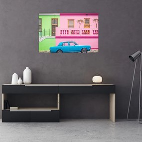 Tablou cu mașina - casele colorate (90x60 cm)