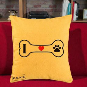 Perna Personalizata I Love Dog Os si Labuta, 40x40 cm, Galben, Husa Detasabila, Perna Inclusa, BEKZ®