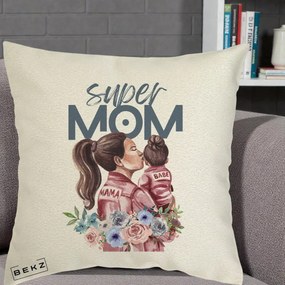 Cadou pentru Mama - Perna Personalizata Super Mom Mama cu Bebelusul, 40x40 cm, Ecru, Husa Detasabila, Perna Inclusa, BEKZ®