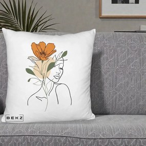 Perna Decorativa Portret Feminin Floare Portocalie, 40x40 cm, Alb Pufos, Husa Detasabila, Perna Inclusa, BEKZ®
