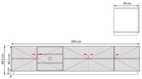 Comodă TV Asha 200 cm, cu cinci uși, fronturi riflate – stejar artisan / negru mat