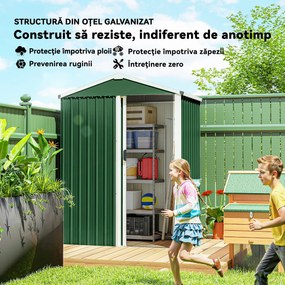 Outsunny Căsuță de Grădină 1.1m² din Oțel Galvanizat, Căsuță de Depozitare cu Ușă Glisantă Blocabilă, Acoperiș Înclinat, Mănuși, Căsuță de Unelte, 136x87x179 cm, Verde | Aosom Romania