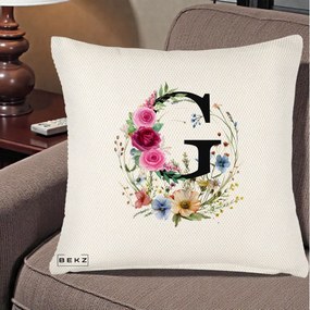 Cadou Personalizat - Perna Personalizata Monogram Litera G cu Flori Acuarela, 40x40 cm, Crem Reliefat, Husa Detasabila, Perna Inclusa, BEKZ®