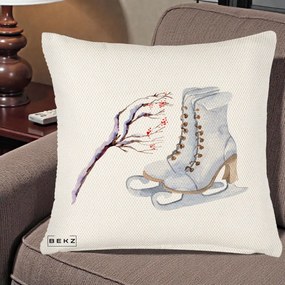 Perna Decorativa Patine cu Ramuri Inzapezite, 40x40 cm, Crem Reliefat, Husa Detasabila, Perna Inclusa, BEKZ®