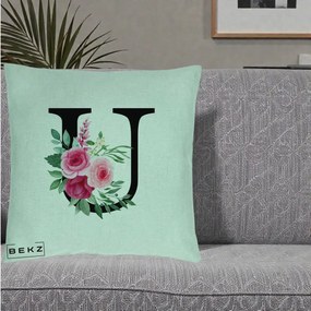 Cadou Personalizat - Perna Personalizata Monograma Florala Litera U, 40x40 cm, Verde Menta, Husa Detasabila, Perna Inclusa, BEKZ®