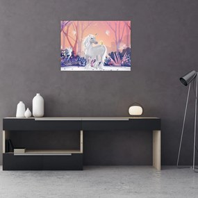 Tablou pe sticlă - Unicorn în pădurea fermecată (70x50 cm)