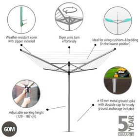 Uscător de rufe argintiu pentru grădină 60 m Lift-O-Matic – Brabantia