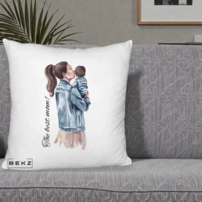 Cadou pentru Mama - Perna Personalizata The Best Mom Jachete, 40x40 cm, Alb Pufos, Husa Detasabila, Perna Inclusa, BEKZ®