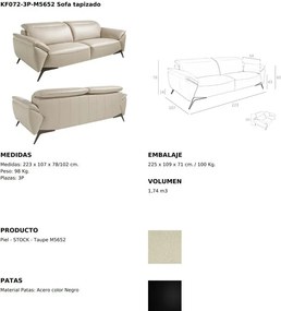 Canapea 3 locuri eleganta, design italian Cowhide leather taupe grey