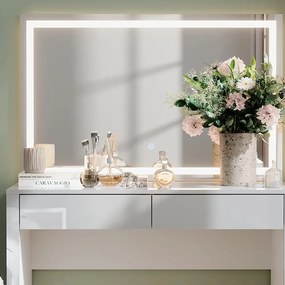 Masuta machiaj cu Oglinda LED si 2 Sertare pentru Cosmetice, Set Masa toaleta 110 cm, Alb Lucios, masuta cosmetica, vanity - SEA813