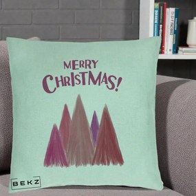 Perna Decorativa Merry Christmas Brazi Roz, 40x40 cm, Verde Menta, Husa Detasabila, Perna Inclusa, BEKZ®