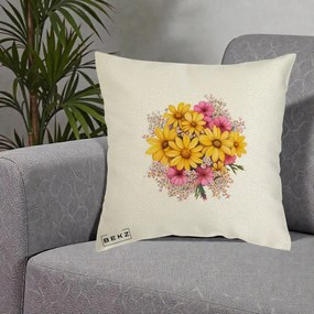 Perna Decorativa Floarea-Soarelui cu Cosmos Roz si Gypsophila, 40x40 cm, Ecru, Husa Detasabila, Perna Inclusa, BEKZ®