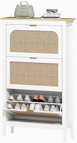 HOMCOM Dulap pentru încălțăminte 21 perechi boem cu 3 sertare rabatabile, uși cu efect cannage ratan, 80 x 24 x 131 cm, alb | Aosom Romania