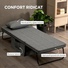 HOMCOM Pat Pliabil Multifuncțional 4 în 1, Șezlong cu Economie de Spațiu, cu Spătar Rabatabil pe 5 Niveluri, 188x75x38 cm, Gri | Aosom Romania