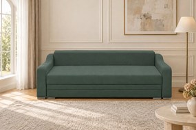 Canapea extensibilă Mirella din stofă, verde marin, cu ladă de depozitare
