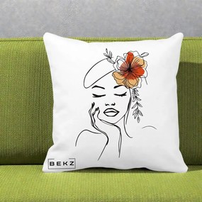 Perna Decorativa Portret Feminin Flori Palarie, 40x40 cm, Alba Mata, Husa Detasabila, Perna Inclusa, BEKZ®