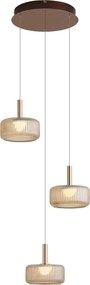 Lampă suspendată de design Fiera, aur rozaliu, cu sticlă chihlimbarie, LED inclus, reglabilă în 3 trepte, 3 lumini, Easylift