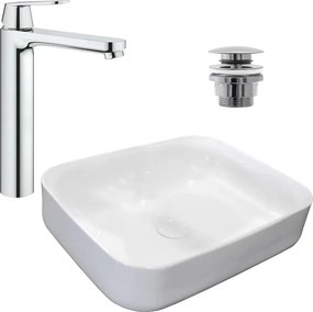 Pachet lavoar pe blat Rea Demi Slim alb 51 cm, baterie lavoar Grohe Eurosmart Cosmopolitan XL crom si ventil lavoar Click-Clack crom