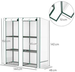 Outsunny Mini-Seră cu raft de 3 nivele, husă de plastic, rezistentă la UV, portabilă, cu ușă ruletabilă, 144 x 48 x 152 cm, Alb | Aosom Romania