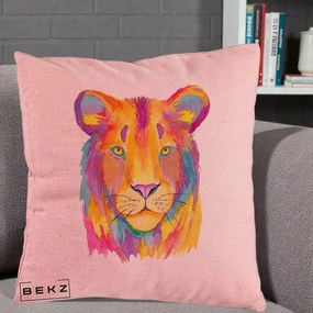 Perna Decorativa Leu Acuarela Curcubeu, 40x40 cm, Roz, Husa Detasabila, Perna Inclusa, BEKZ®