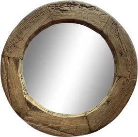Oglinda rotunda de perete din lemn vechi reciclat, piesa unicat, „Rueda Antigua”