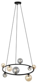 Lampă suspendată neagră cu sticlă fumurie și chihlimbar rotundă cu 8 lumini - Monaco