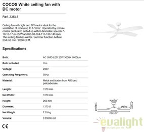 Lustra LED cu Ventilator si telecomanda COCOS alb 33548