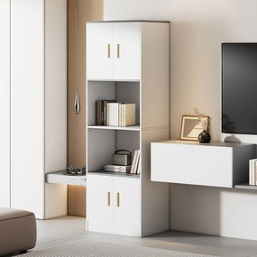 Comodă Modernă cu 4 Uși și Compartiment Deschis Central, Balamale Silențioase Soft-Close, pentru Bucătărie și Living, 60x40x180 cm, Alb