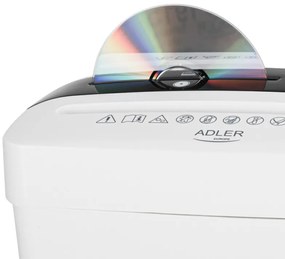 Distrugator de documente Adler AD 1037, 200 W, 13 L, Pana la 22 cm, 6 foi, CD/DVD si card, Pornire/oprire automata, Functie inversa, 69 dB, Alb