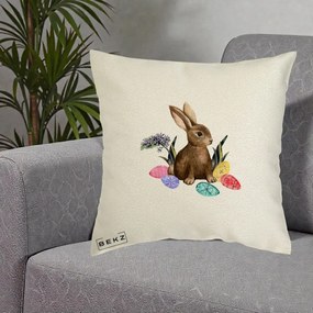 Perna Decorativa Iepuras cu Oua de Pasti Acuarela, 40x40 cm, Ecru, Husa Detasabila, Perna Inclusa, BEKZ®