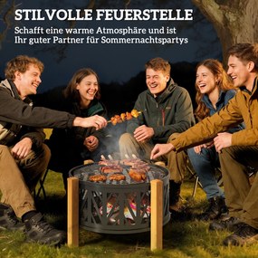 Outsunny Cuva pentru foc 2-in-1 Ø75 x 58 cm Vatră cu protecție la scântei Cârlig de întreținere Grătar Negru | Aosom Romania