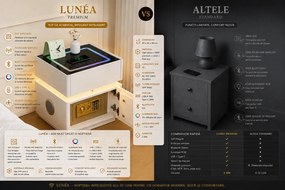 LUNÉA — Noptieră inteligentă cu seif integrat, încărcare wireless, Bluetooth Stereo, iluminare RGB, USB + Type-C și senzor de mișcare, Alb