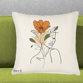 Perna Decorativa Portret Feminin Floare Portocalie, 40x40 cm, Crem Reliefat, Husa Detasabila, Perna Inclusa, BEKZ®