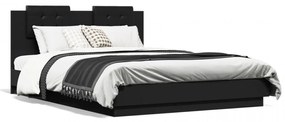 Cadru de pat cu tăblie și lumini LED, negru, 140x200 cm