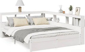 vidaXL Pat cu bibliotecă fără saltea, alb, 140x190 cm, lemn masiv pin