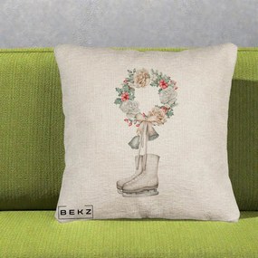 Perna Decorativa Patine cu Coroana Florala de Craciun, 40x40 cm, Bej Canapea, Husa Detasabila, Perna Inclusa, BEKZ®
