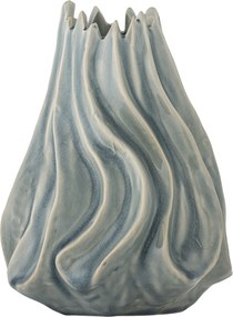 Vază din ceramică, albastru, formă sculpturală cu falduri verticale și margine neregulată, glazură reactivă, 18 x 17 cm, „Dilara”